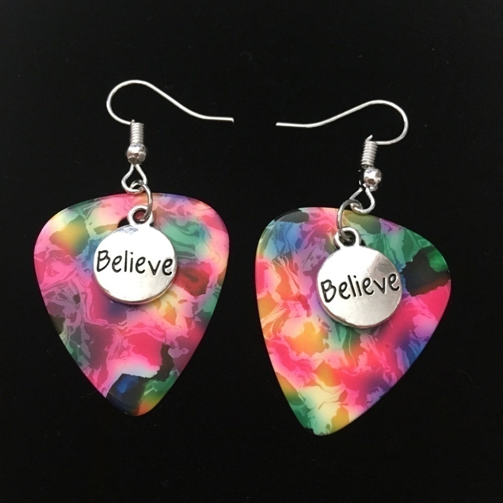 HAND Crafted Drop Repurposed Guitar Pick Earrings Tie Dye Believe